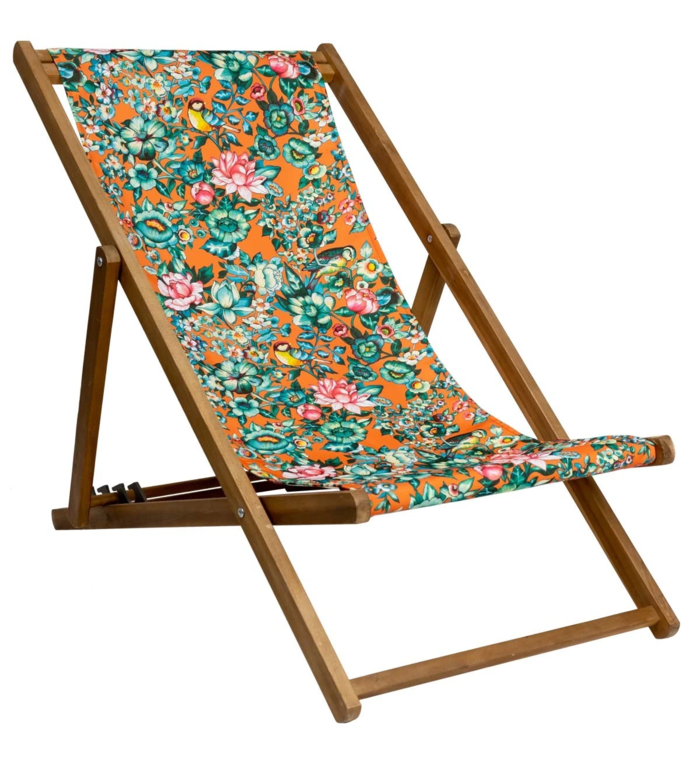 Vent de Bohème  tuinstoel - ligstoel - strandstoel van acaciahout met bloem en vogeltjes motief Nila Oranje