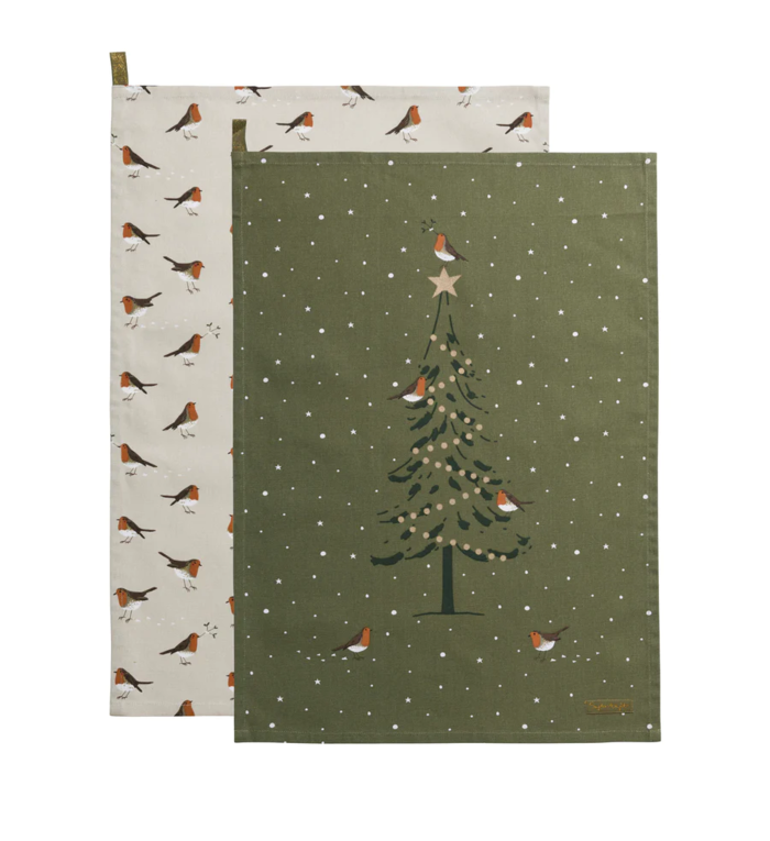 Sophie Allport set van twee kersttheedoeken uit de Roodborstjes collectie