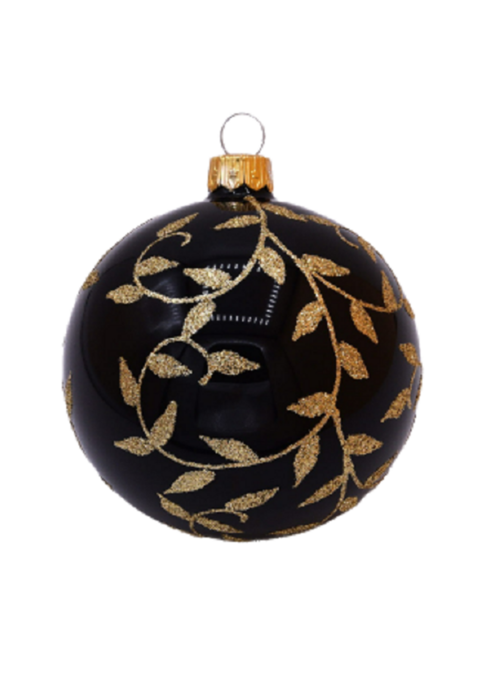 Kerstbal glanzend zwart met gouden blaadjes decoratie 8 cm - set van 3
