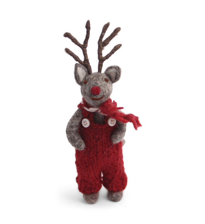 Én Gry & Sif grijs vilten rendier kersthanger met rode neus, broek en sjaal - hangend of staand - 15 cm