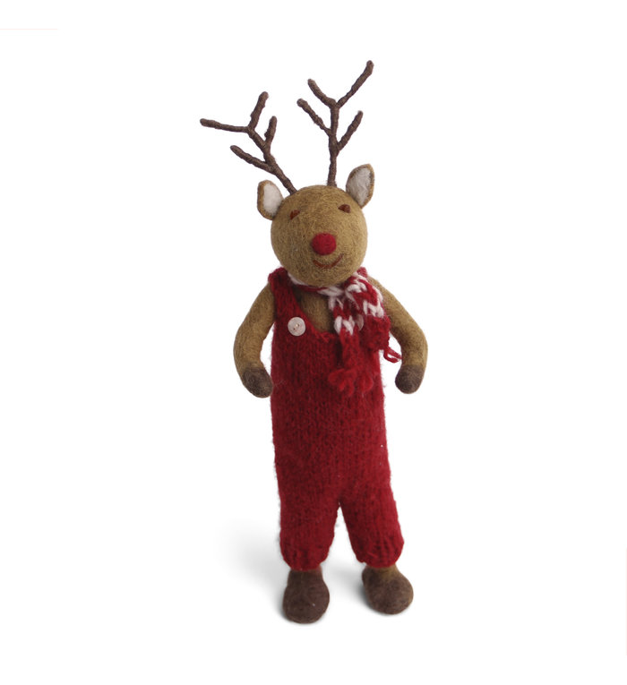 Én Gry & Sif Groot bruin vilten Rendier met rode neus, broek en sjaal - staand model - 27 cm