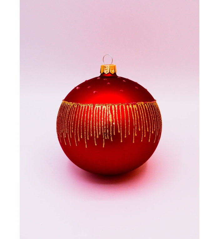 Kerstbal mat rood met gouden lijnen en glitter stipjes decoratie 8 cm - set van 3