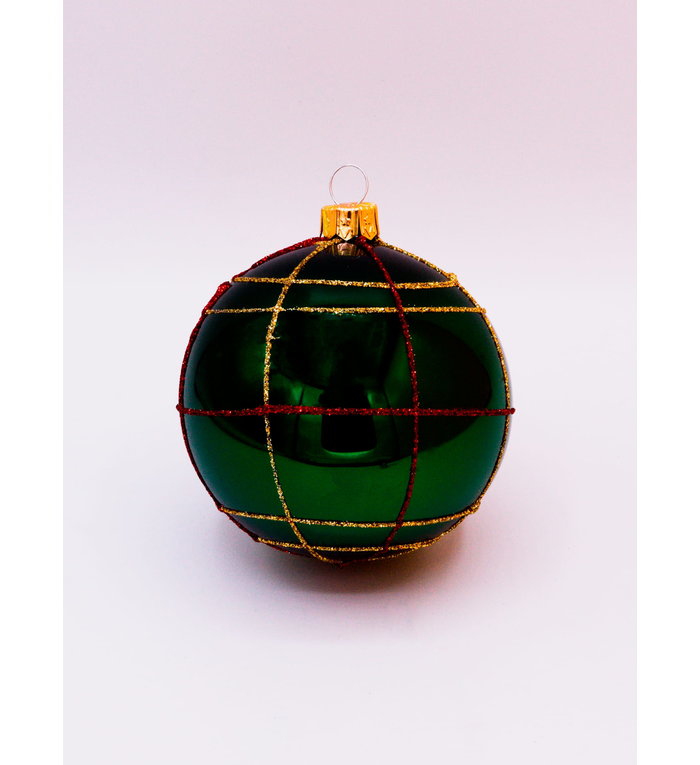 Kerstbal glanzend groen met gouden en rode glitterlijnen decoratie 8 cm - set van 3