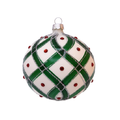 Set van 3 kerstballen wit met een groen ruitpatroon en rode steentjes 8 cm