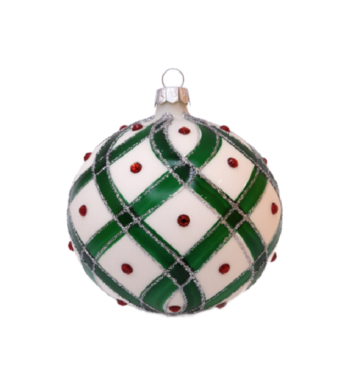 Set van 3 kerstballen wit met een groen ruitpatroon en rode steentjes 8 cm