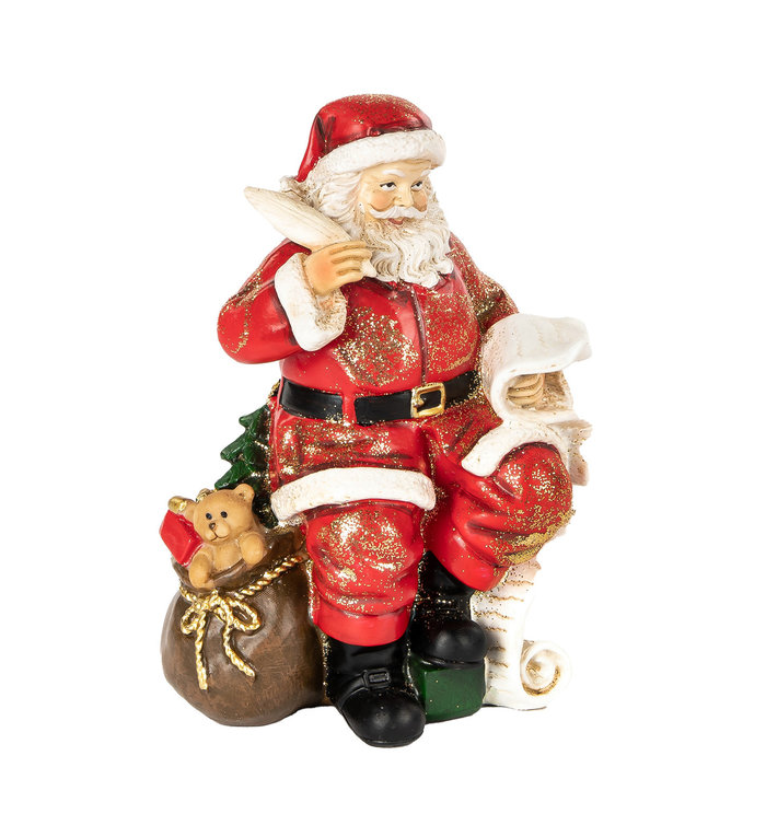 Goodwill zittende Kerstman figuur met ganzenveer en cadeau zak 13 cm
