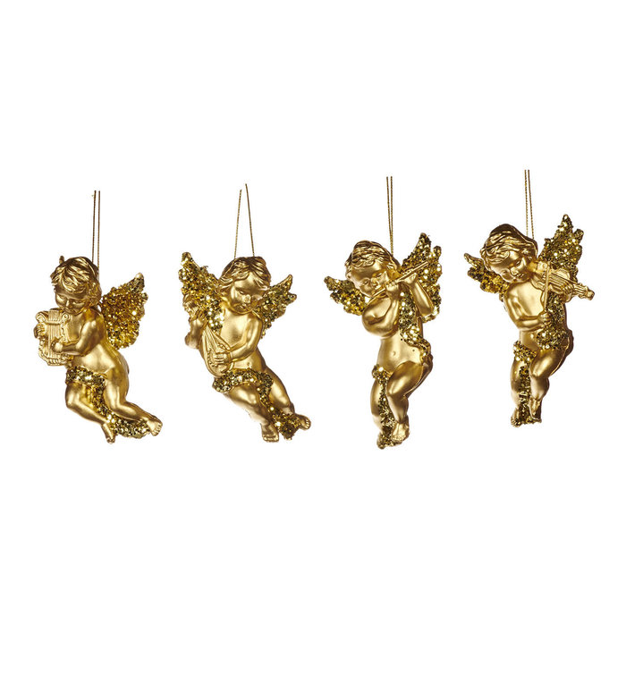 Goodwill Set van 4 verschillende gouden engeltjes met muziekinstrument - kersthangers 10 cm