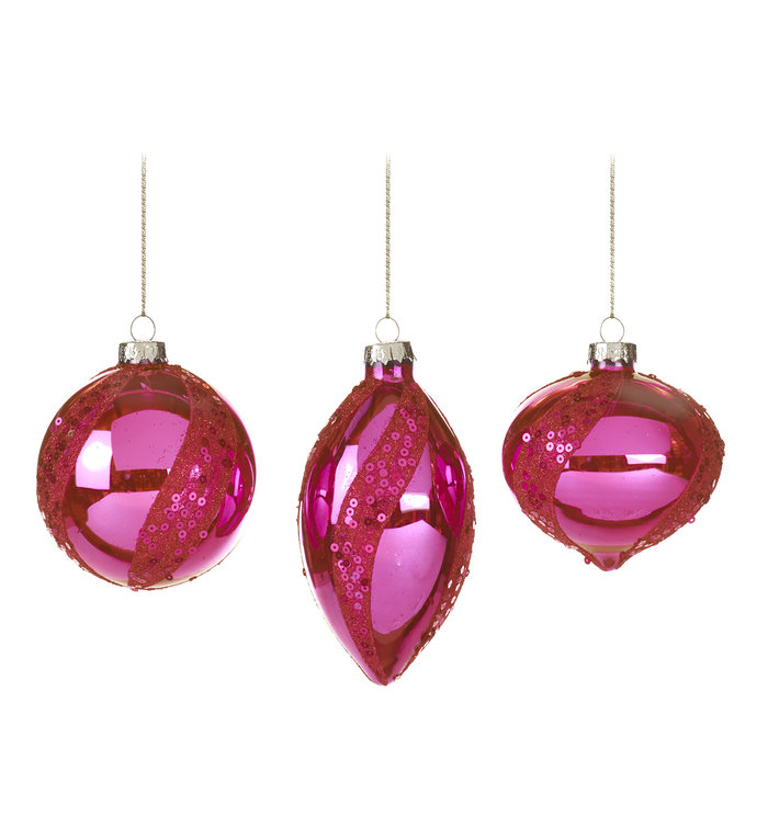 Goodwill Set van 3 verschillend gevormde roze kerstballen met pailletten van glas 8 cm