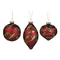 Goodwill Set van 3 verschillend gevormde rode kerstballen met glitter hulst decoratie - glas - 8 cm