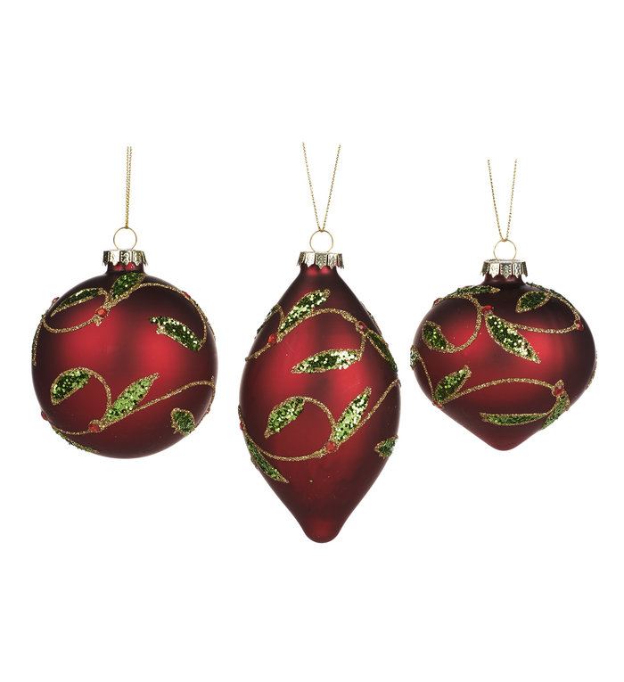 Goodwill Set van 3 verschillend gevormde rode kerstballen met glitter hulst decoratie - glas - 8 cm