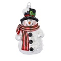 Magic by Inge Vrolijke sneeuwpop van glas met rode sjaal en zwarte hoed - kersthanger - 12 cm