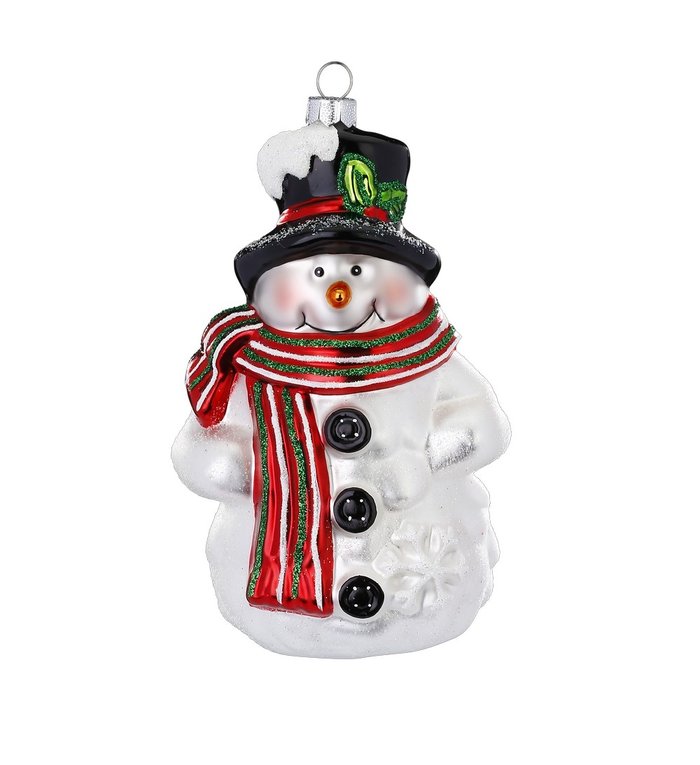 Magic by Inge Vrolijke sneeuwpop van glas met rode sjaal en zwarte hoed - kersthanger - 12 cm