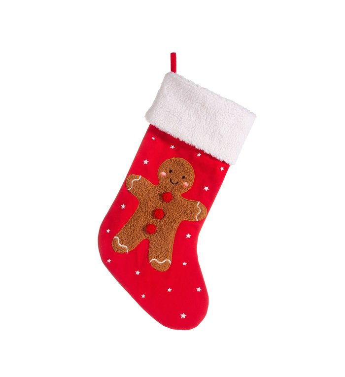 Sass & Belle Decoratie Kerstsok Rood met bruin Peperkoek Mannetje - Christmas Stocking Gingerbread Man