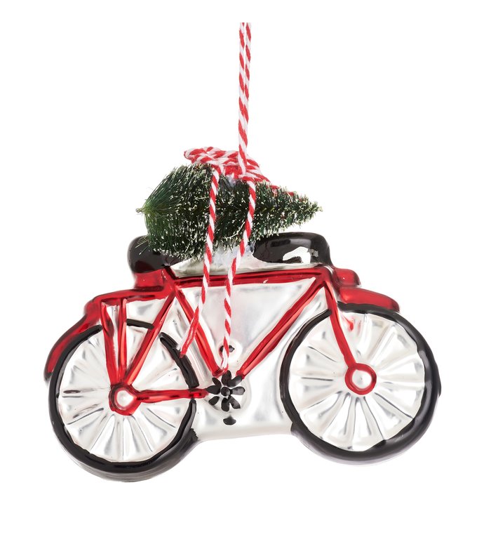 Sass & Belle fiets kerstbal met kerstboom - rode fiets kerstboomdecoratie 11,5 cm