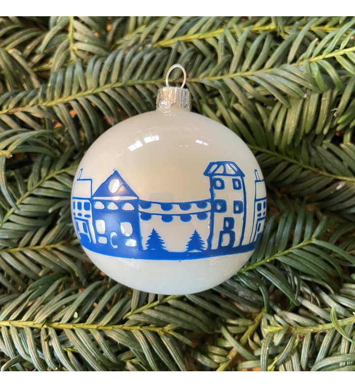 Set van 3 - Glazen kerstballen delfts blauw met molen, schip en huisjes