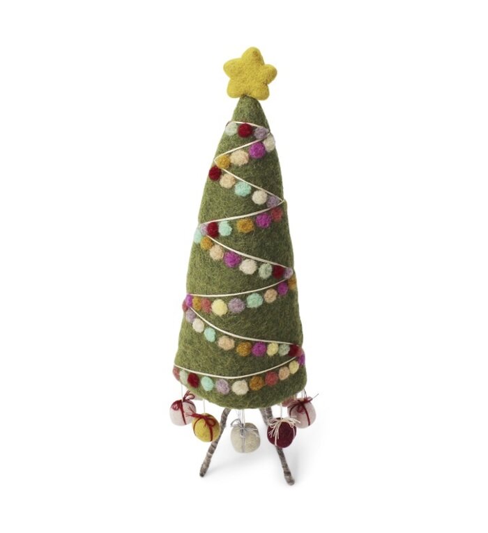 Én Gry & Sif Versierde kerstboom met kerstslinger, cadeautjes en gele ster - staand model - 35 cm