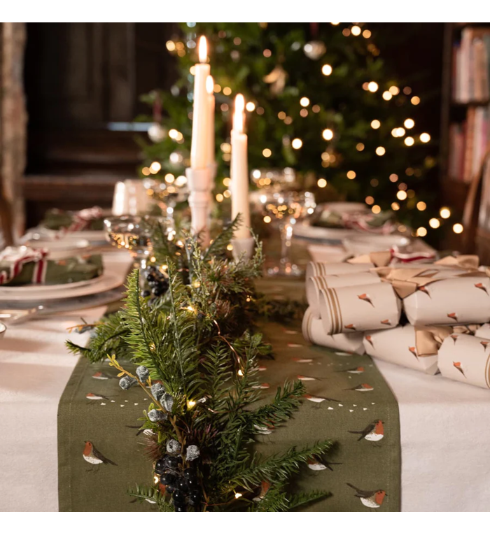 Sophie Allport olijfgroene Kerst Tafelloper uit de Roodborstjes collectie