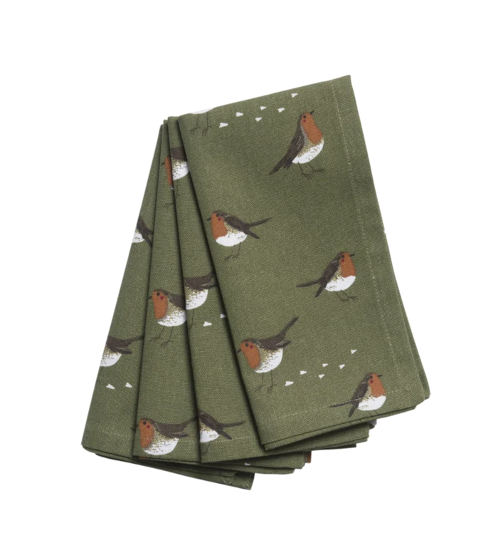 Sophie Allport set van 4 olijfgroene Kerst Servetten uit de Roodborstjes collectie
