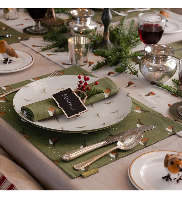 Sophie Allport set van 4 olijfgroene Kerst Servetten uit de Roodborstjes collectie