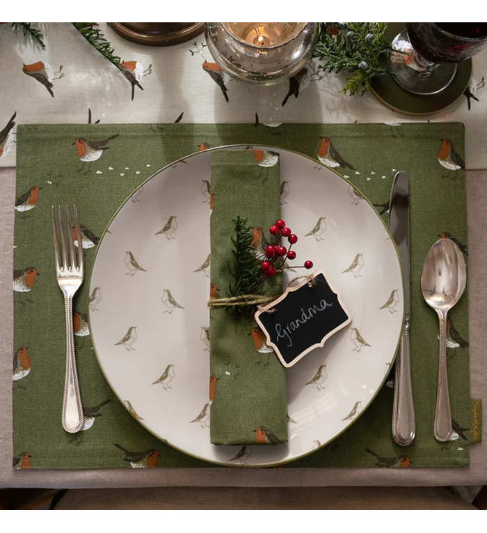 Sophie Allport set van 4 olijfgroene Kerst Servetten uit de Roodborstjes collectie
