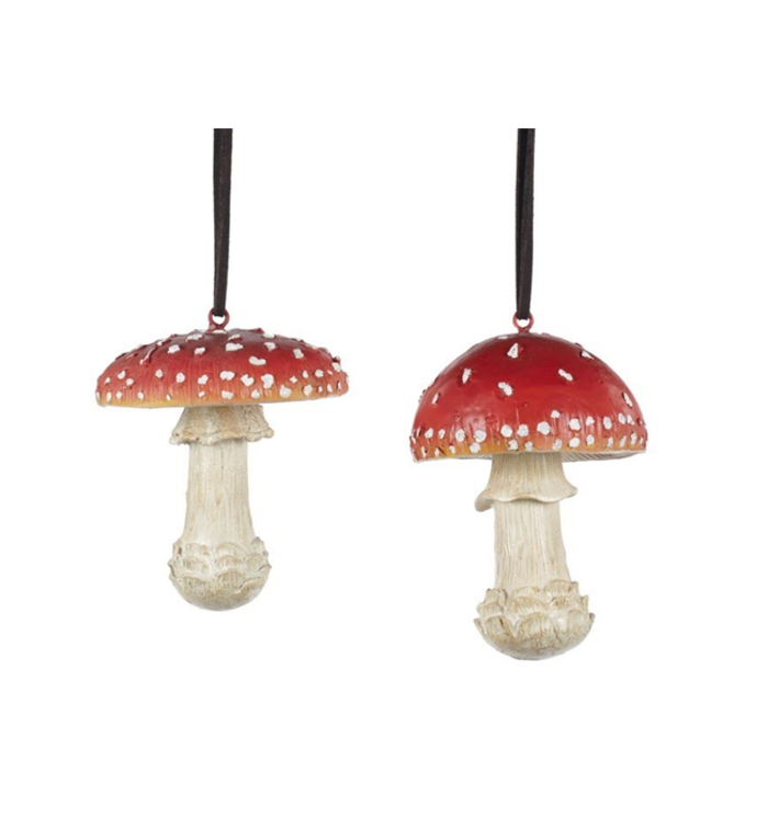 Goodwill Vliegenzwammen set van twee Paddenstoel hangertjes Herfst / Kerst paddenstoelen rood met witte stippen - kerstboom decoratie hangertjes