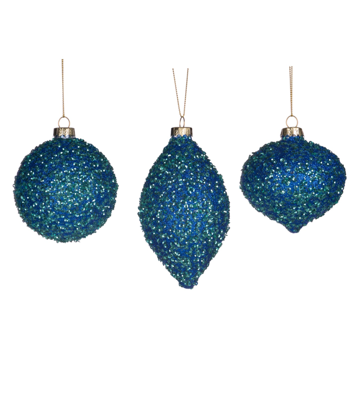 Goodwill Set van 3 verschillend gevormde zee blauwe kerstballen fraai afgewerkt met lichtblauwe pailletten - van glas - 8 cm