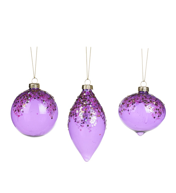 Goodwill Set van 3 verschillend gevormde transparant paarse kerstballen met pailletten van glas 8 cm