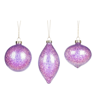 Paarse Kerstballen met Glitters - set van 3