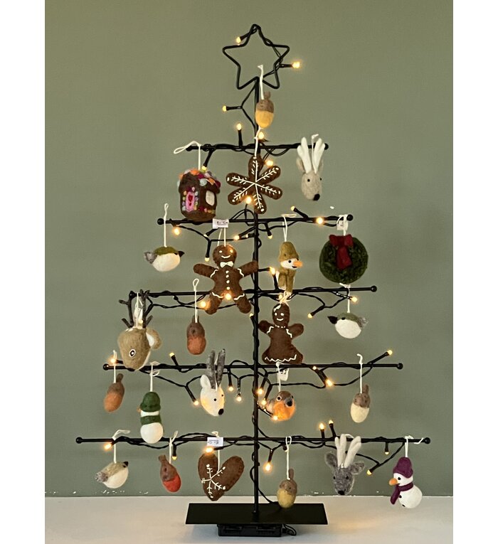 Én Gry & Sif handgemaakte vilten gingerbread ster & hartje - kerstboom decoratie hangertjes