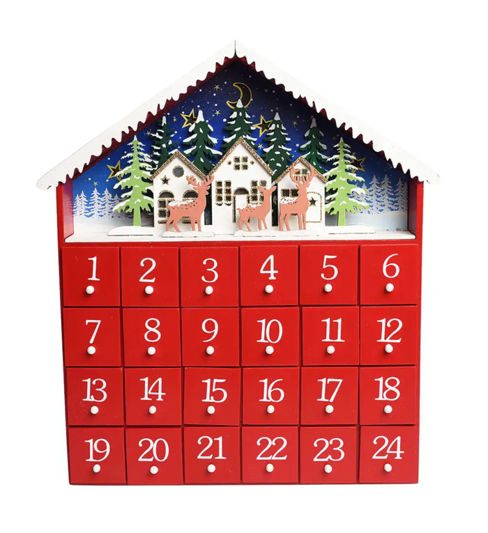 Rex London Houten Adventskalender Rood Kersthuisje met Verlichting