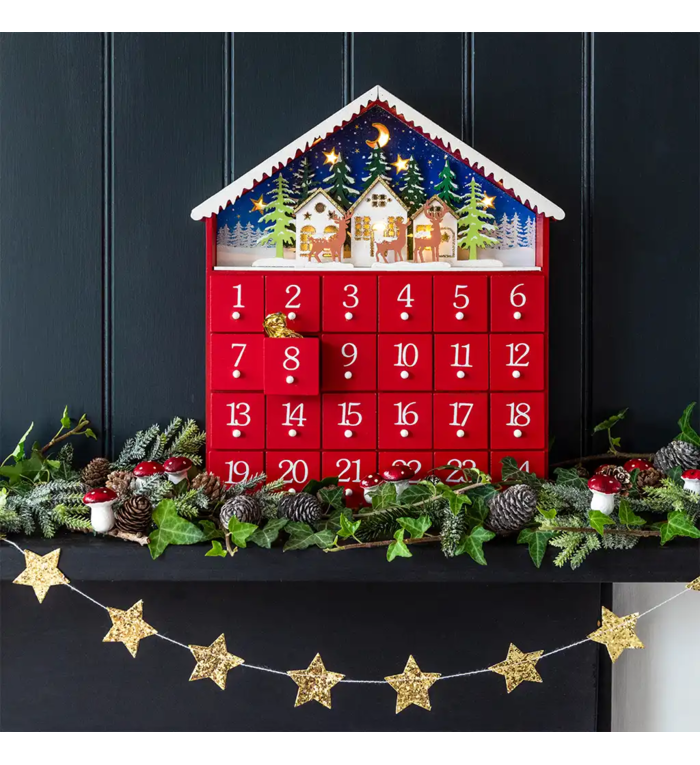 Rex London Houten Adventskalender Rood Kersthuisje met Verlichting