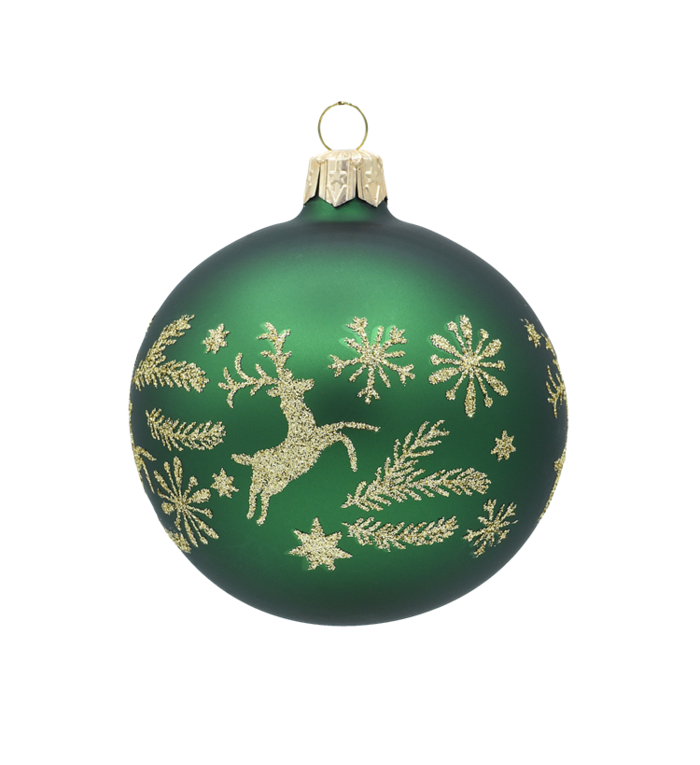Set van 3 kerstballen mat groen met gouden glitter kerstpatroon met hertjes, sterren en dennentakken 8 cm