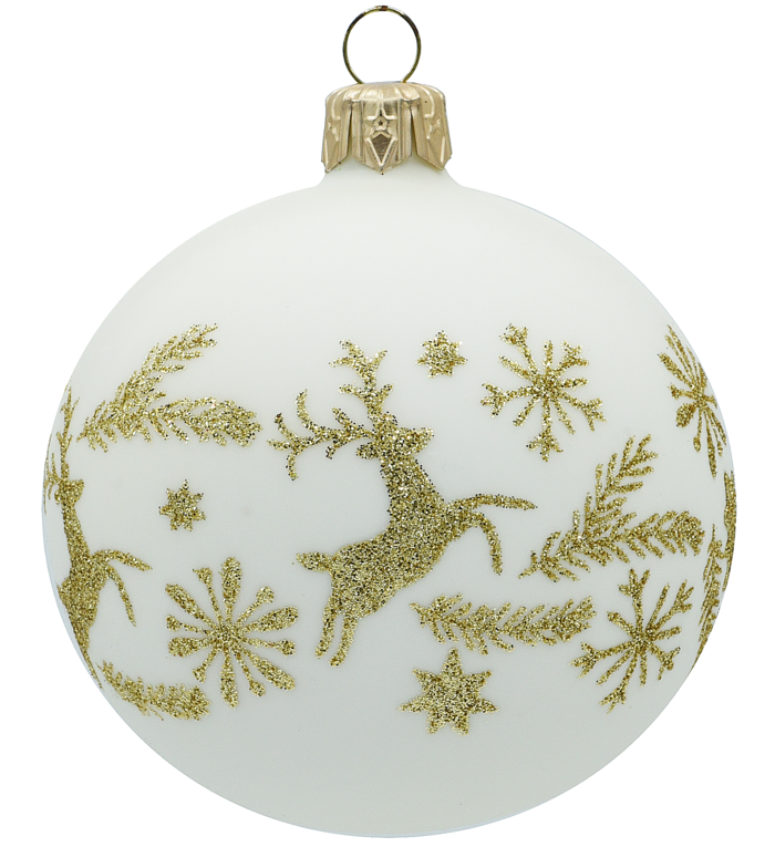 Set van 3 kerstballen mat wit met gouden glitter kerstpatroon met hertjes, sterren en dennentakken 8 cm
