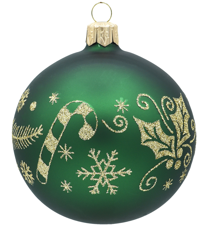 Set van 3 kerstballen mat groen met gouden glitter kerstpatroon met kerst zuurstokken en kerstklokjes 8 cm