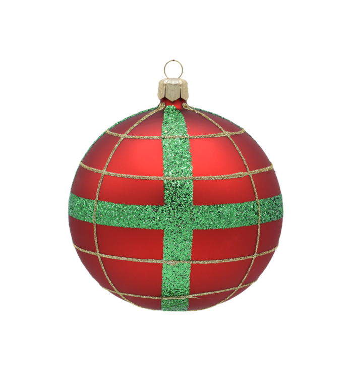 Set van 3 kerstballen mat rood met groene en gouden glitter ruit 8 cm