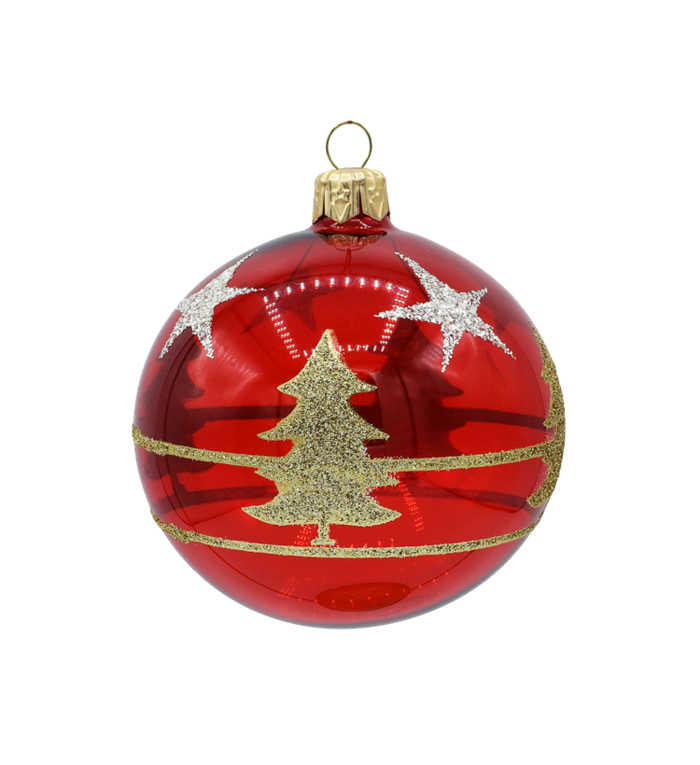 Set van 3 kerstballen transparant rood met gouden glitter kerstbomen en sterren 8 cm