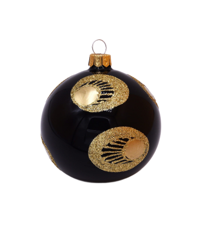 Kerstbal zwart glans met ronde gouden glitter decoratie 8 cm - set van 3