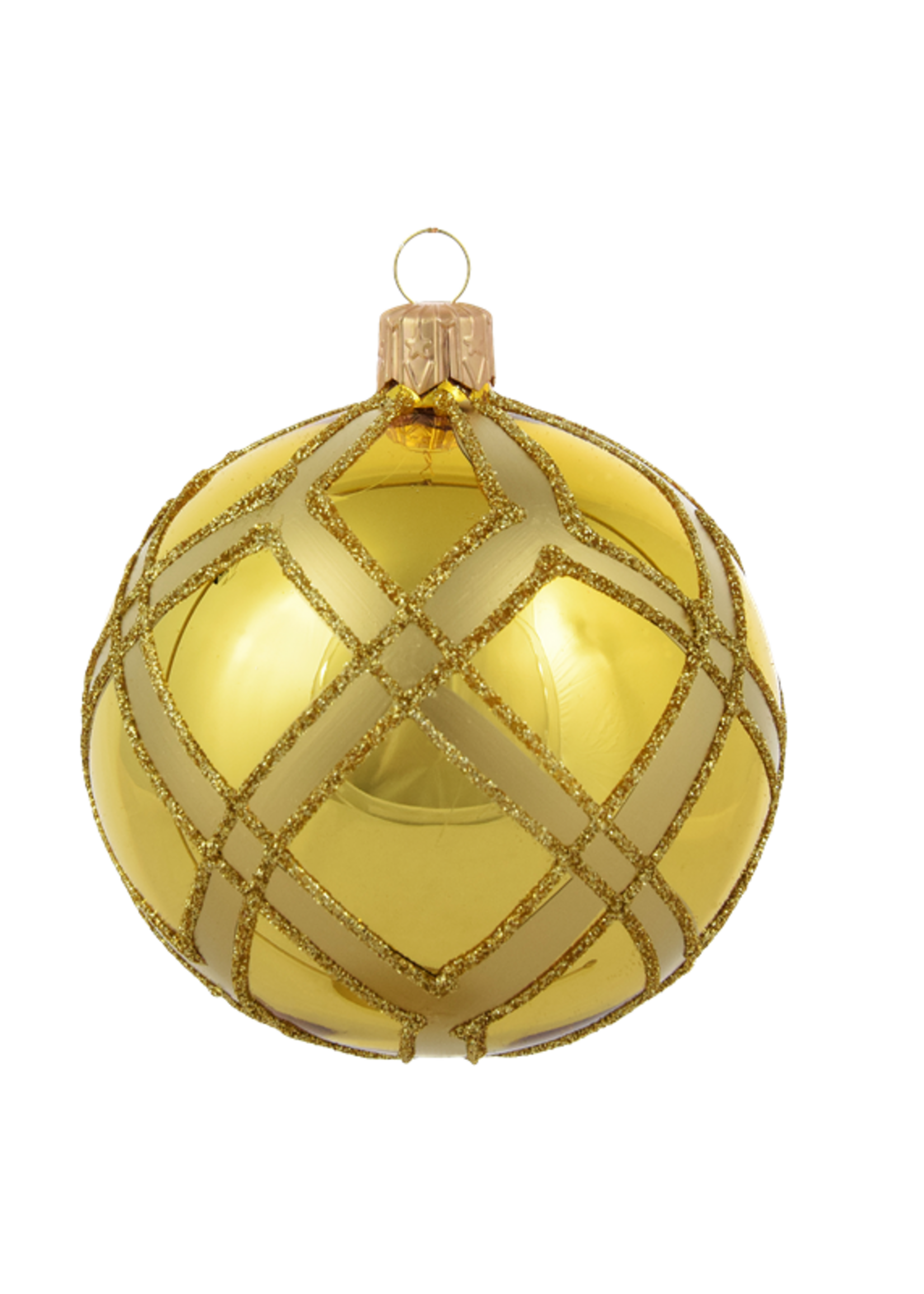 Set van 3 glanzende kerstballen goud met gouden glitter ruitennet decoratie 8 cm