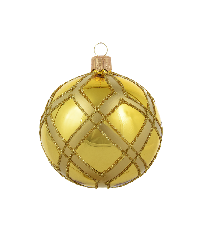 Set van 3 glanzende kerstballen goud met gouden glitter ruitennet decoratie 8 cm