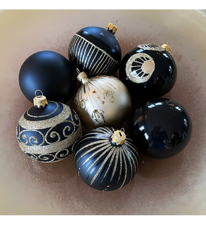 Kerstbal zwart glans met ronde gouden glitter decoratie 8 cm - set van 3