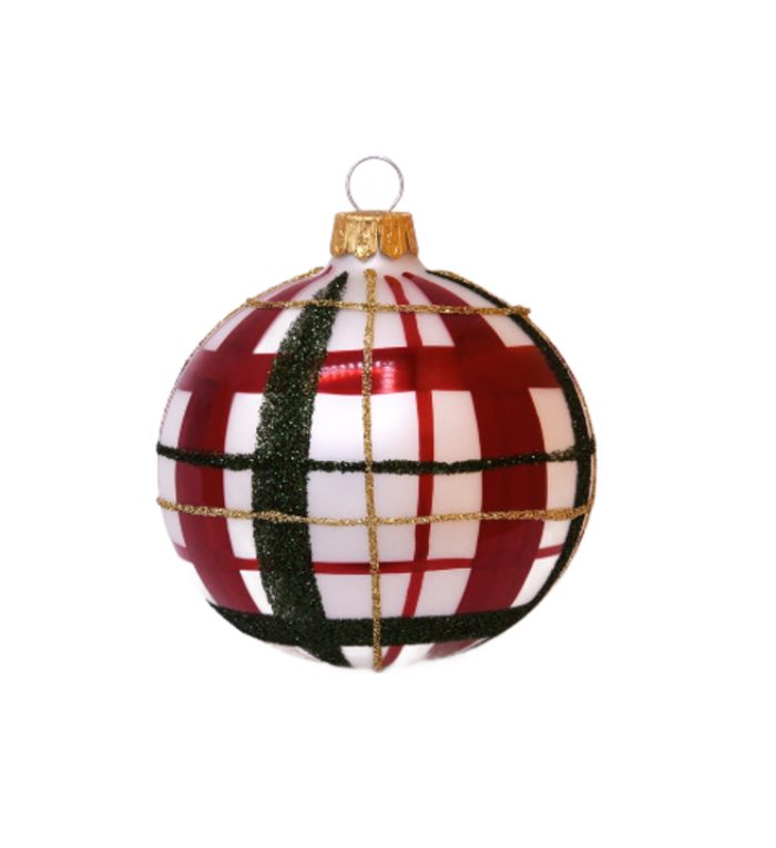 Set van 3 kerstballen wit met rode en donkergroene ruit 8 cm