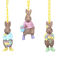 Gisela Graham London Set van drie paashaasjes met lente bloemetjes decoratie - paashaas hangertjes 7,5 cm hoog