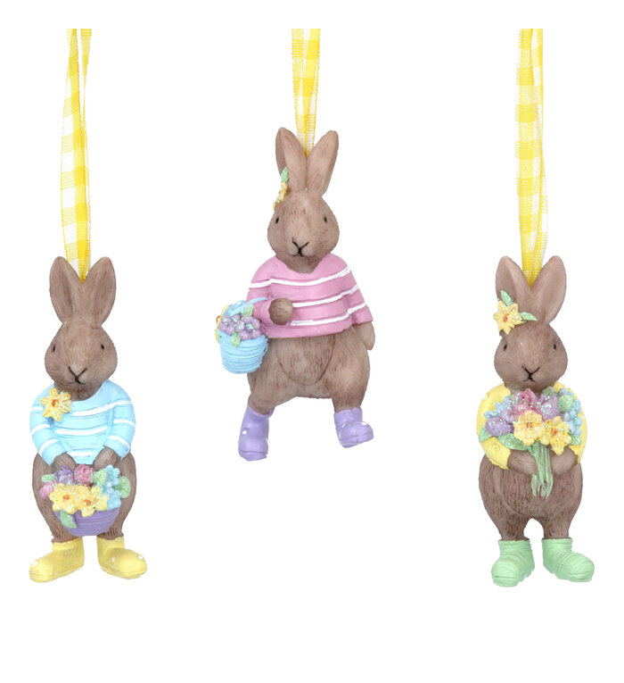 Gisela Graham London Set van drie paashaasjes met lente bloemetjes decoratie - paashaas hangertjes 7,5 cm hoog