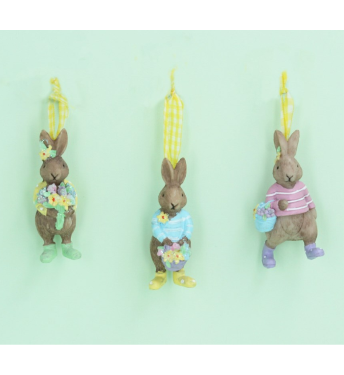 Gisela Graham London Set van drie paashaasjes met lente bloemetjes decoratie - paashaas hangertjes 7,5 cm hoog