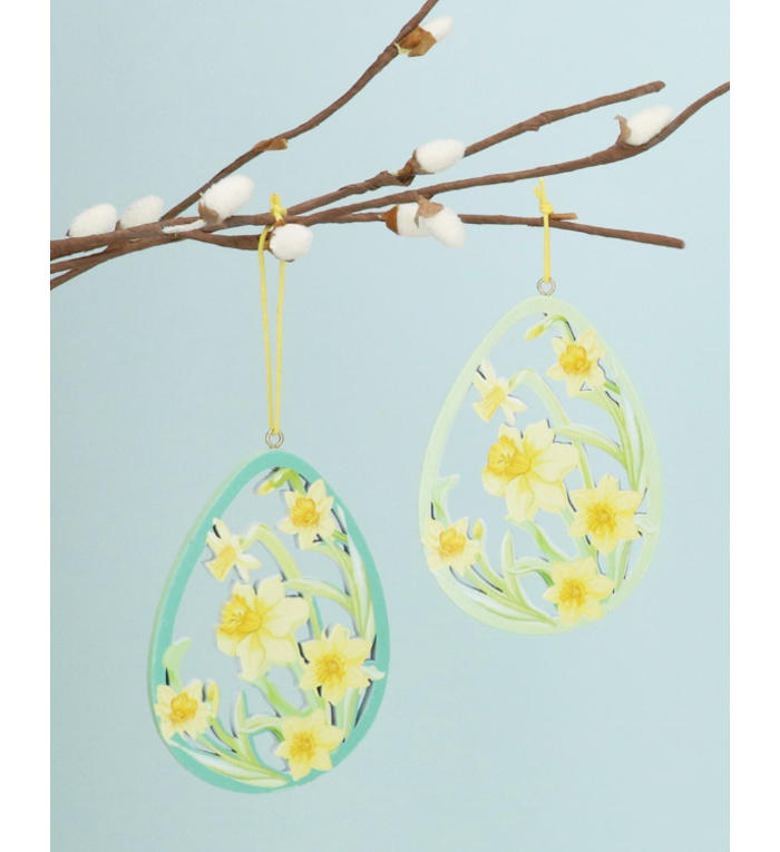 Gisela Graham London houten paasei hangertjes met Narcissen - set van 2