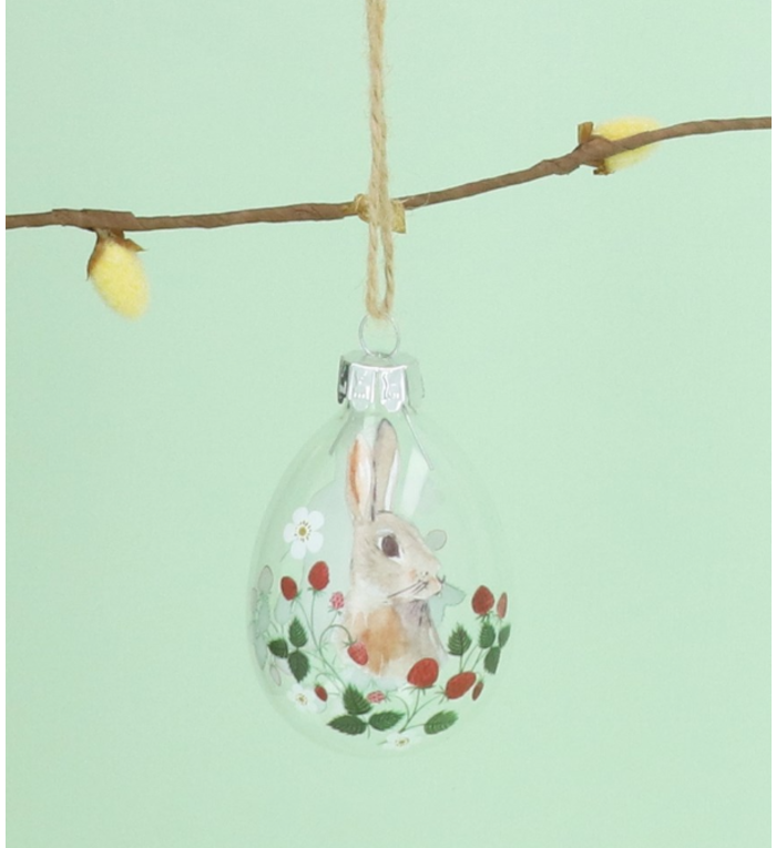 Gisela Graham London transparante paasei hangertjes van glas met Aardbei design met haasje en lieveheersbeestje - set van 2