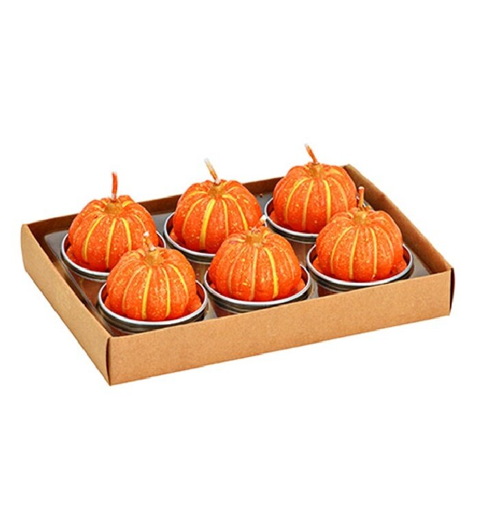 Doosje met 6  waxinelichtjes in pompoen vorm kleur oranje