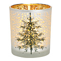 Houder voor waxinelichtje van zilver wit glas met Dennenboom in Sterrennacht