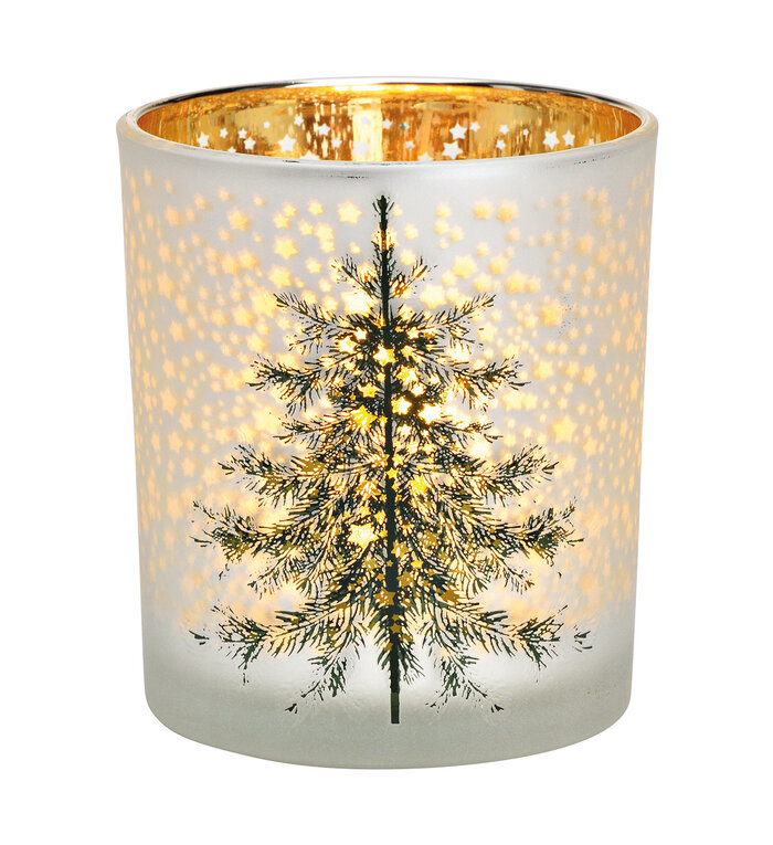 Houder voor waxinelichtje van zilver wit glas met Dennenboom in Sterrennacht