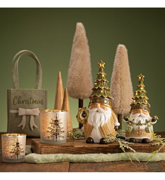 Houder voor waxinelichtje van zilver wit glas met Dennenboom in Sterrennacht